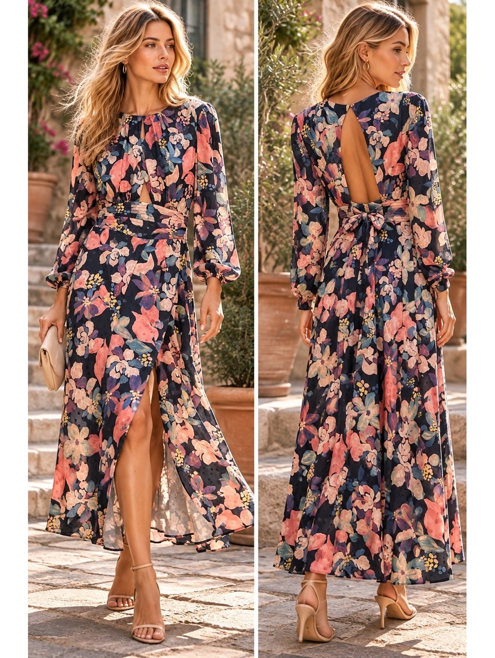 For Love & Lemons Victoria Floral Midi Dress Navy Open Back NWT Size M